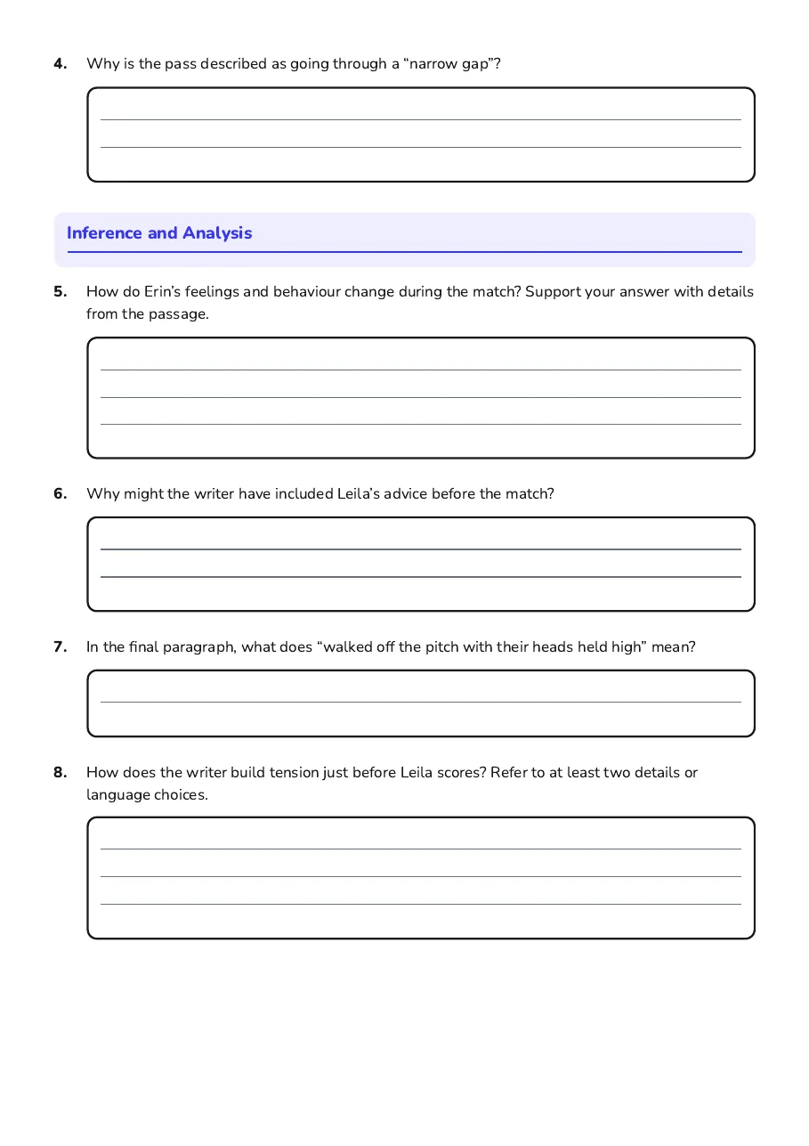 Reading comprehension questions on sound imagery, figurative language, inference and tension in a football story.