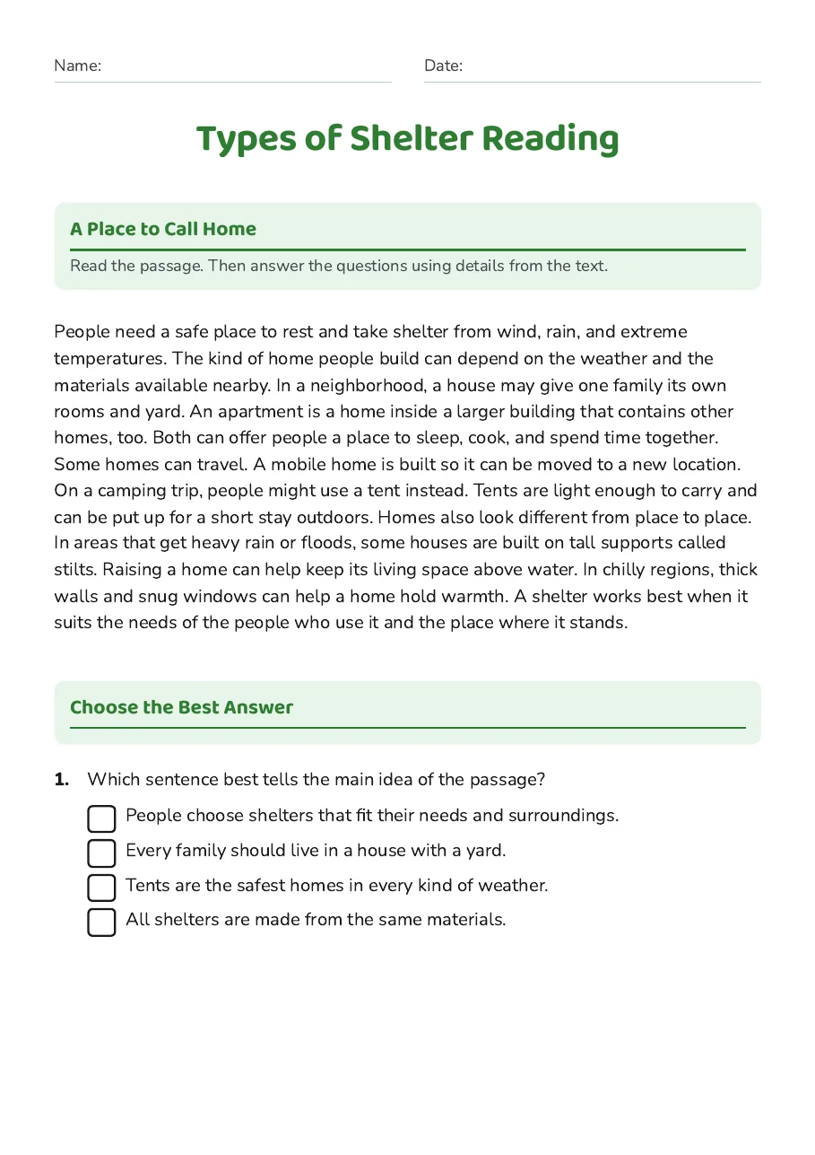 Types of Shelter Reading, page 1 of 3: A Place to Call Home, Choose the Best Answer