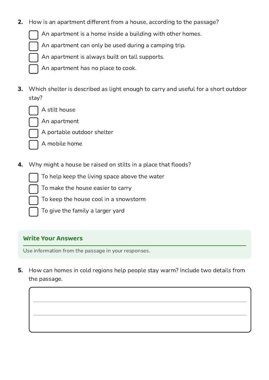 Types of Shelter Reading, page 2 of 3: Write Your Answers