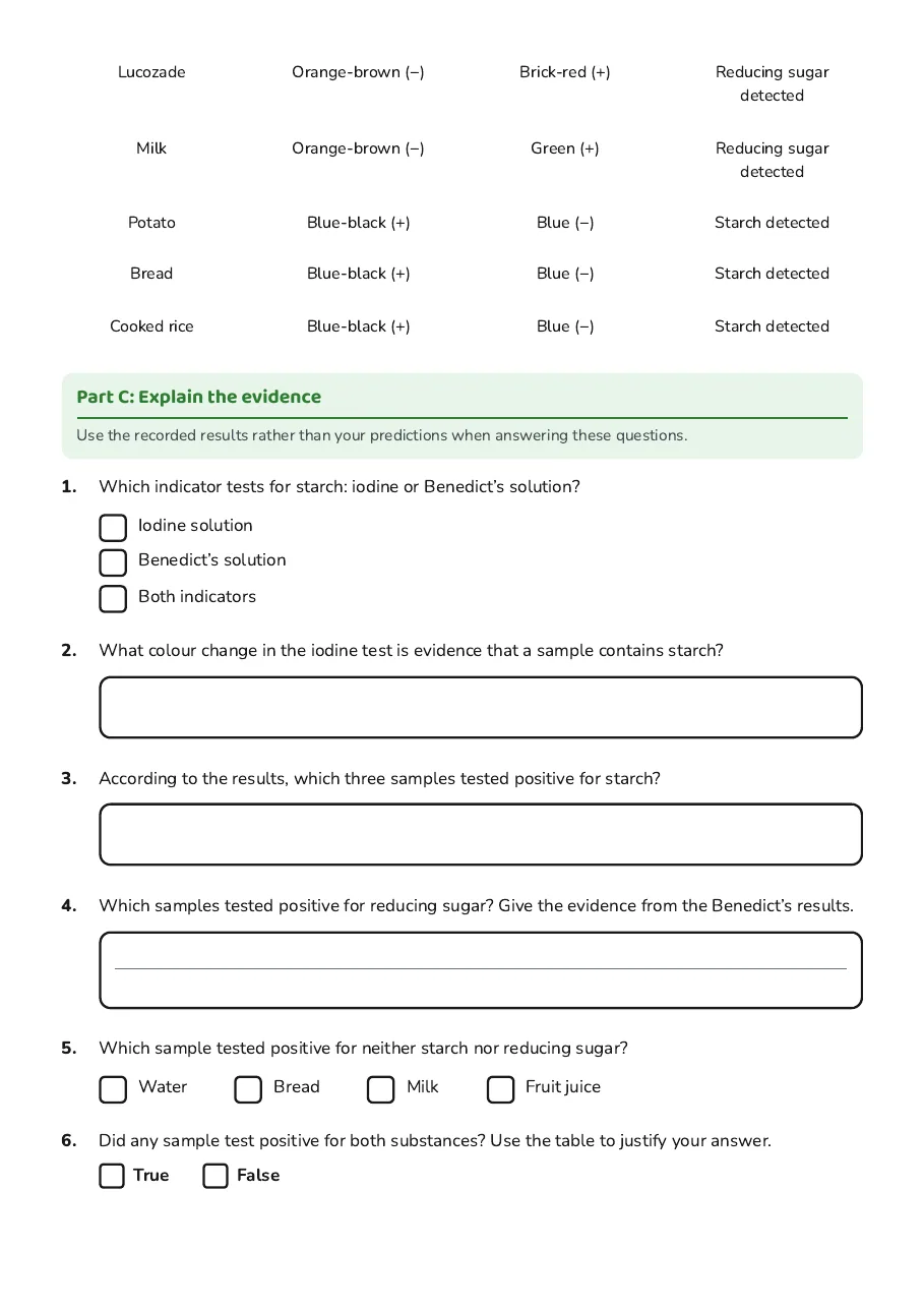 Food Tests Predictions Table, page 2 of 3: Part C: Explain the evidence