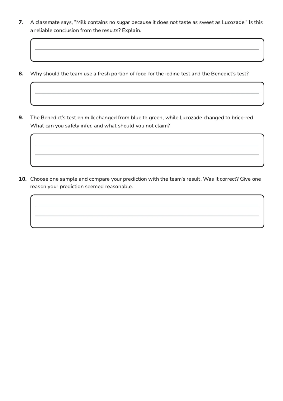 Food Tests Predictions Table, page 3 of 3: 7. A classmate says, “Milk contains no sugar because it does not taste as sweet as…