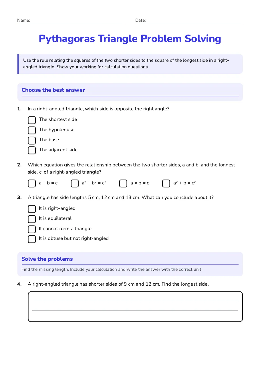 Pythagoras Triangle Problem Solving, page 1 of 2: Choose the best answer, Solve the problems