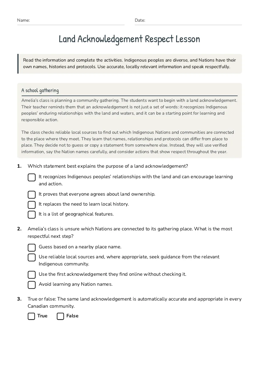 Land Acknowledgement Respect Lesson, page 1 of 3: A school gathering