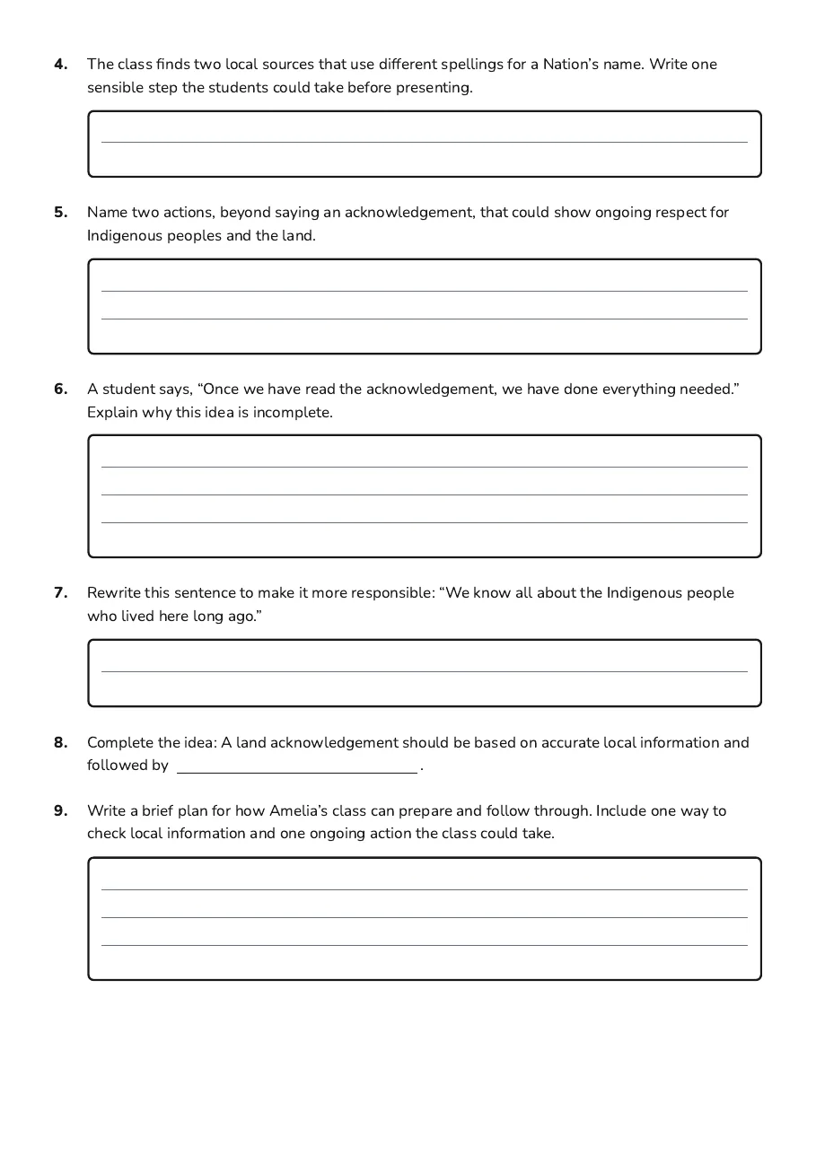 Land Acknowledgement Respect Lesson, page 2 of 3: 4. The class finds two local sources that use different spellings for a Nation’s name.…