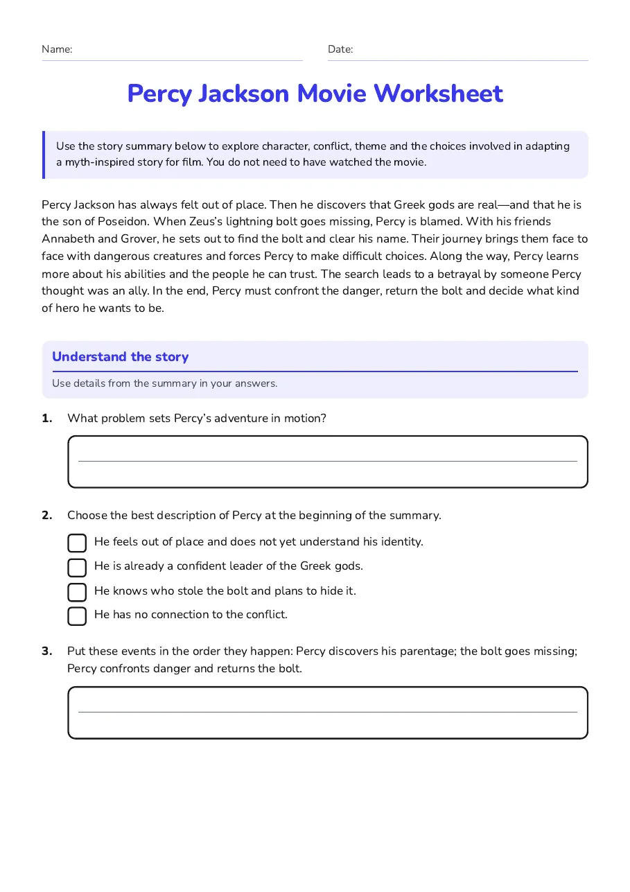Percy Jackson Movie Worksheet, page 1 of 3: Understand the story