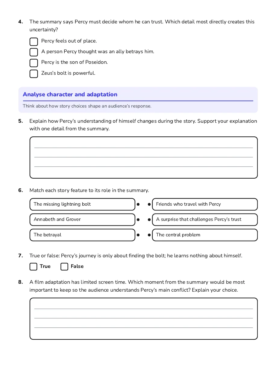 Percy Jackson Movie Worksheet, page 2 of 3: Analyse character and adaptation