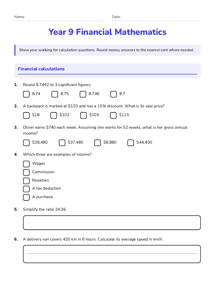 Year 9 Financial Mathematics, page 1 of 3: Financial calculations