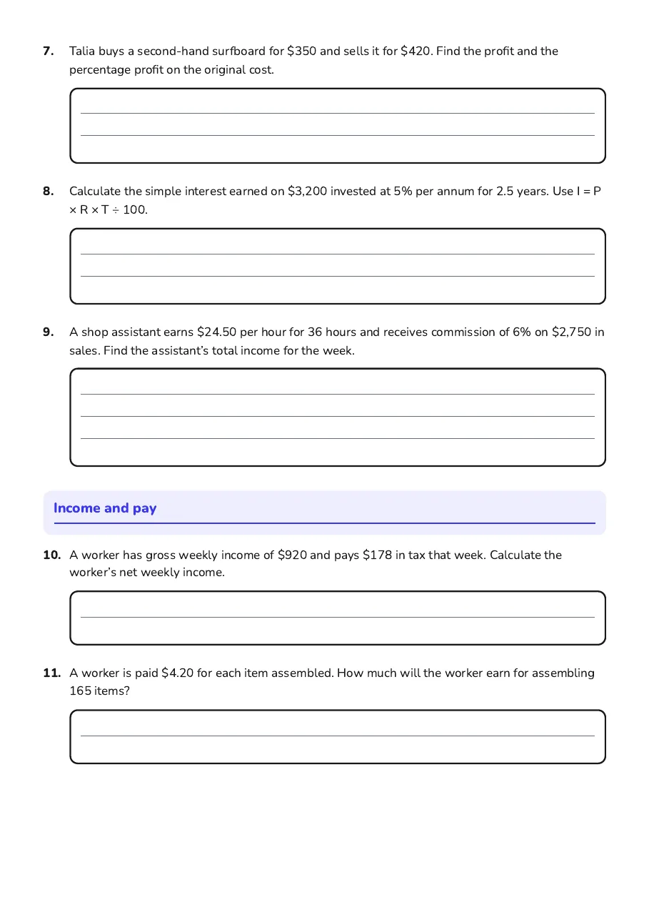 Year 9 Financial Mathematics, page 2 of 3: Income and pay