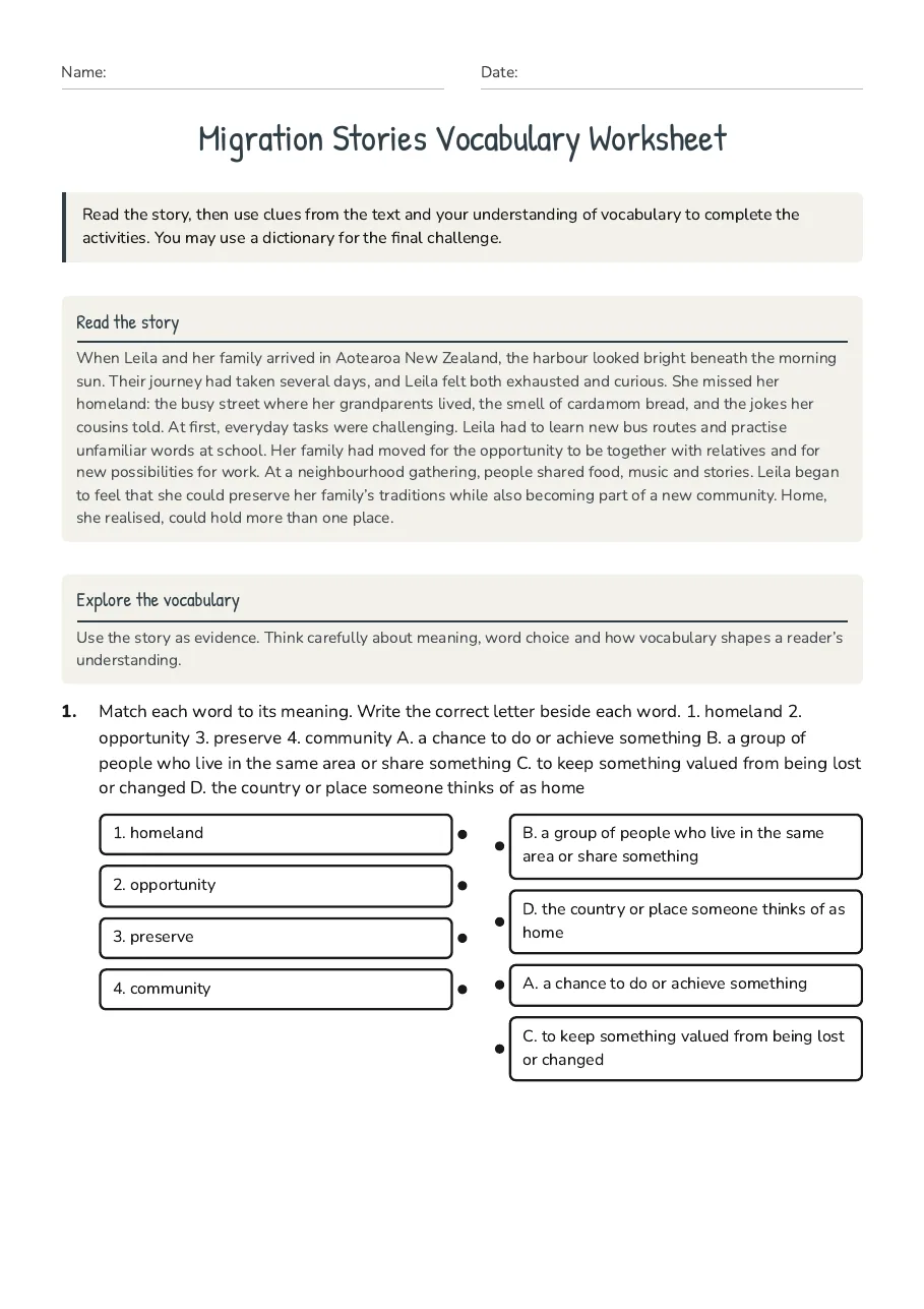 Migration Stories Vocabulary Worksheet, page 1 of 3: Read the story, Explore the vocabulary