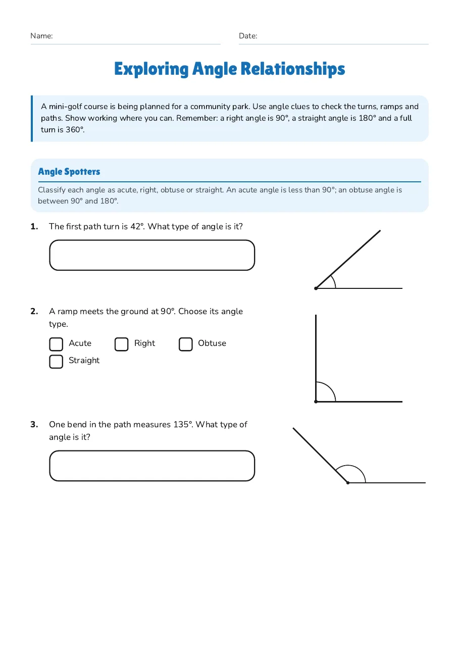 Angle classification, estimates and angle relationships worksheet for fifth class.