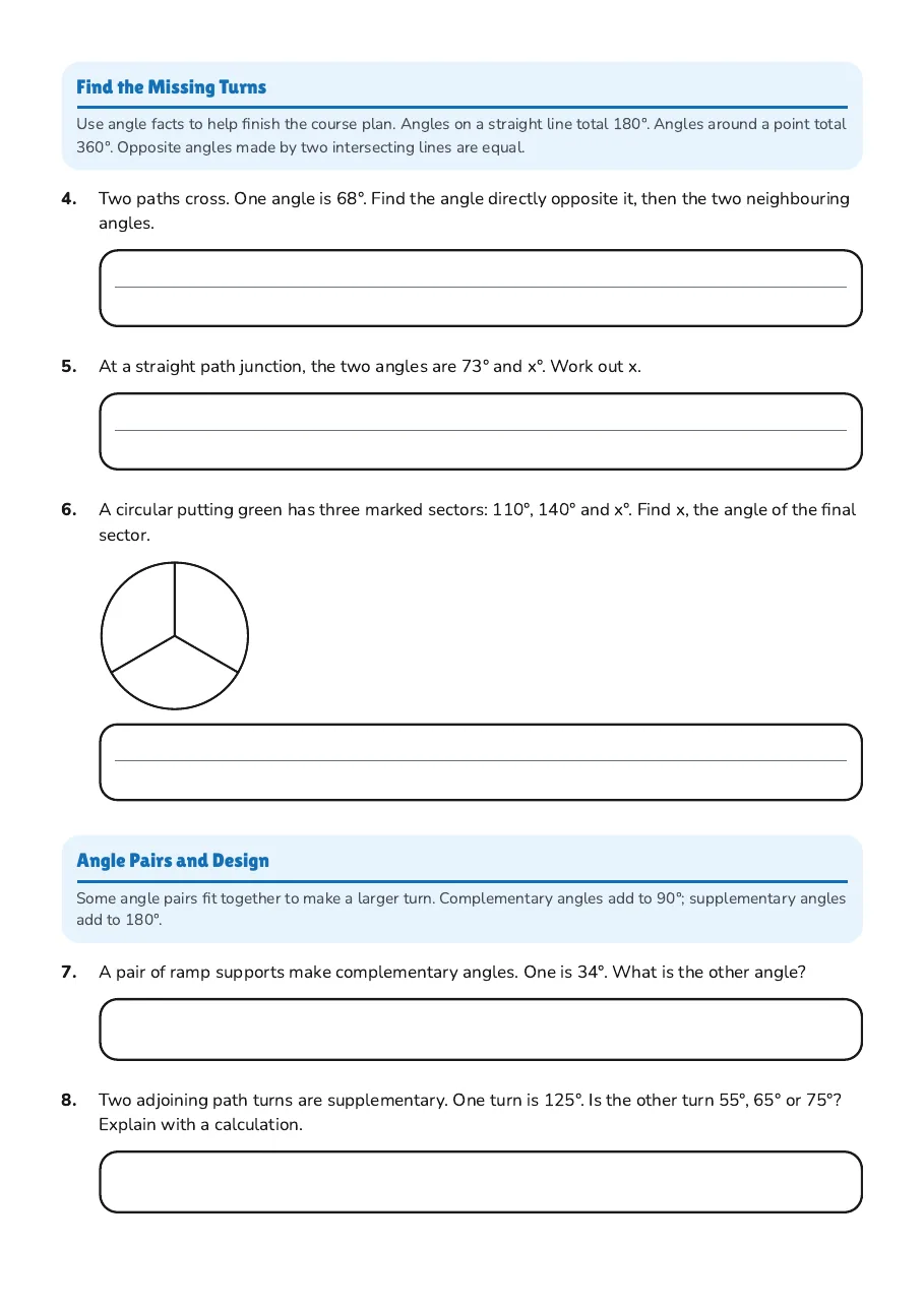 Straight-line, intersecting-line and everyday angle problem-solving activities.