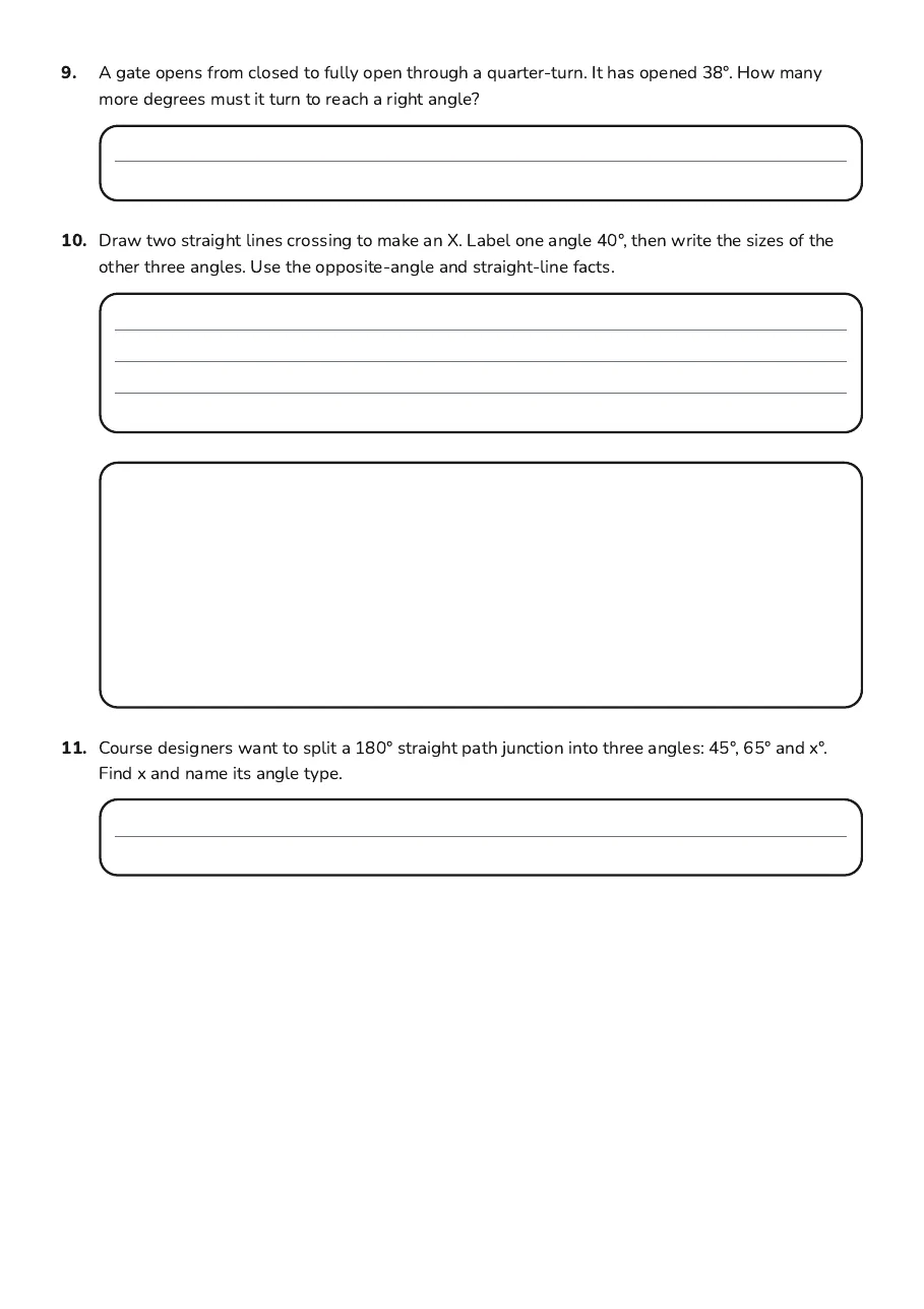 Challenge problems involving full turns, complementary angles and angle sketches.