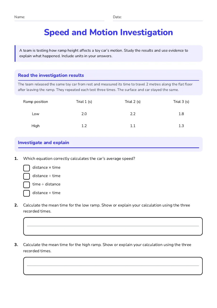 Speed and Motion Investigation, page 1 of 3: Read the investigation results, Investigate and explain