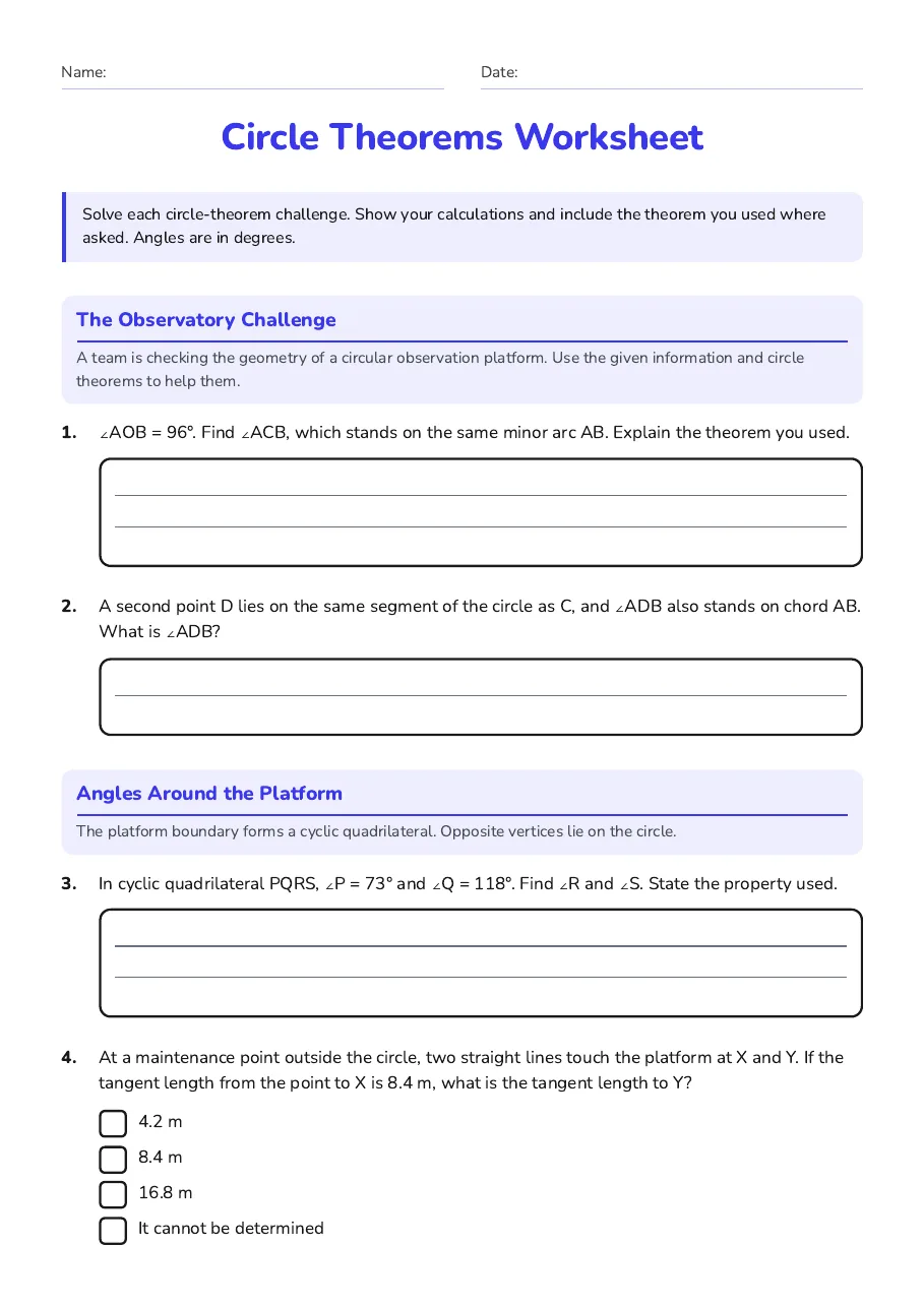 Circle theorems worksheet: central angle and circumference angle, plus same-segment challenge.