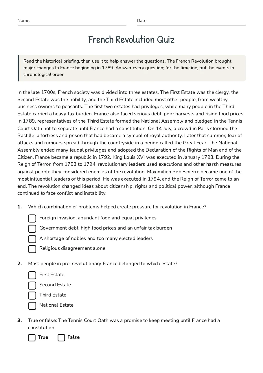 French Revolution Quiz, page 1 of 3: Read the historical briefing, then use it to help answer the questions. The French…