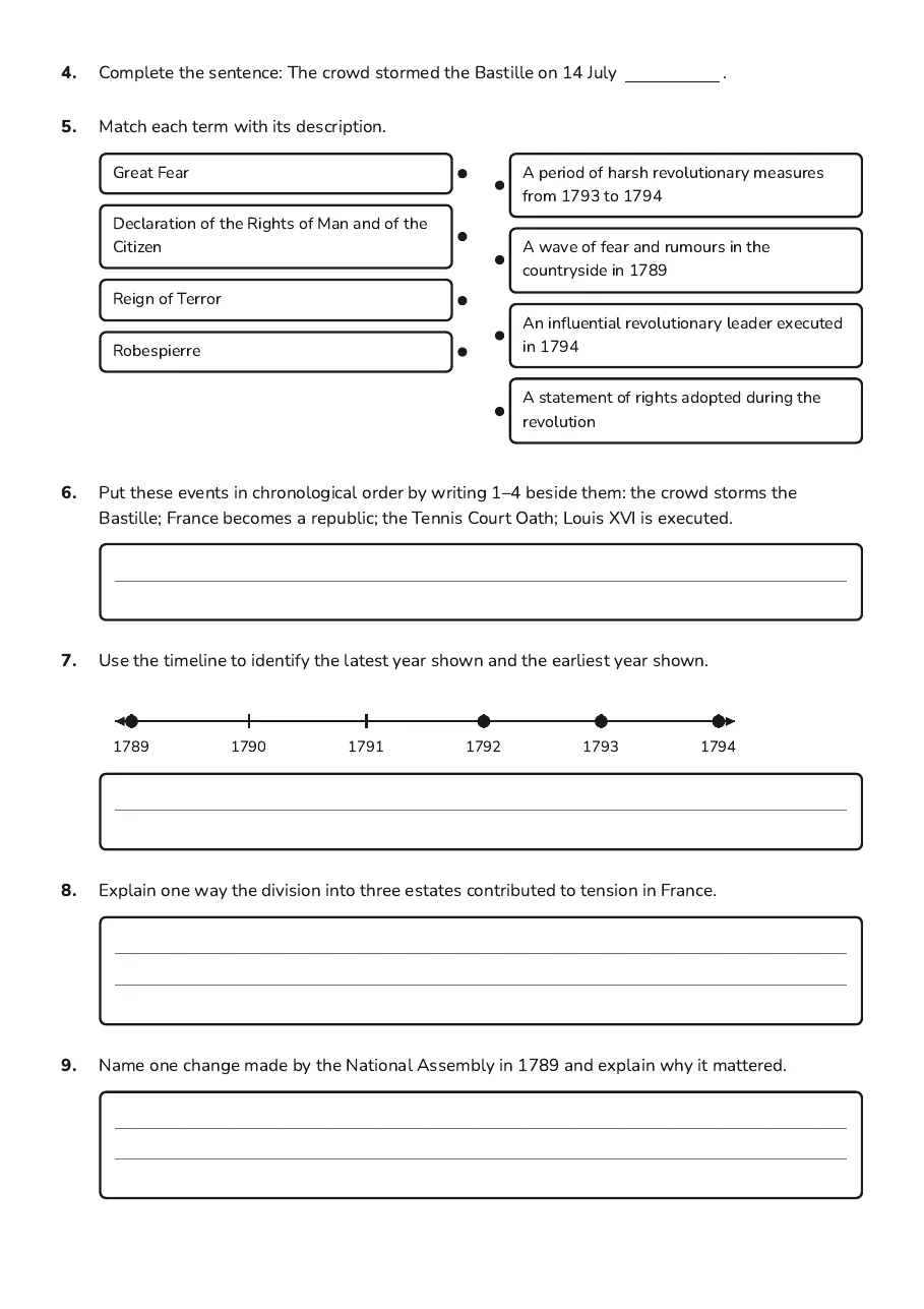 French Revolution Quiz, page 2 of 3: 4. Complete the sentence: The crowd stormed the Bastille on 14 July .