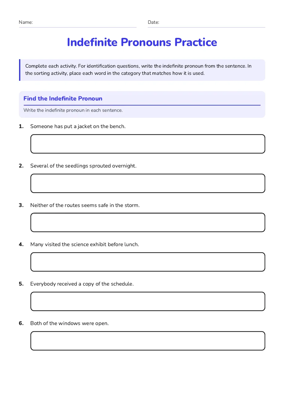 Indefinite Pronouns Practice, page 1 of 3: Find the Indefinite Pronoun