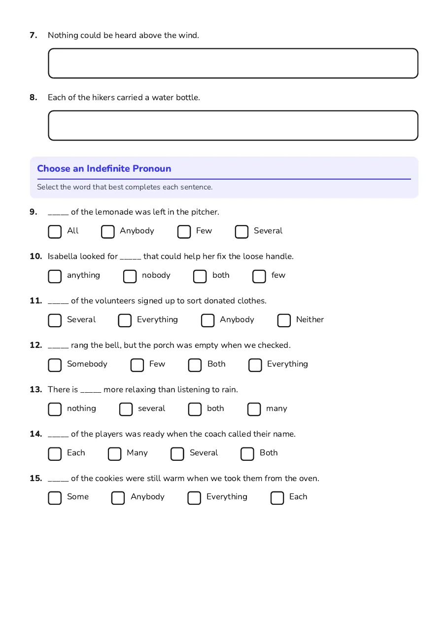 Indefinite Pronouns Practice, page 2 of 3: Choose an Indefinite Pronoun