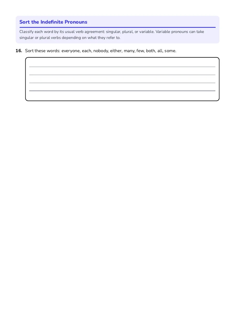 Indefinite Pronouns Practice, page 3 of 3: Sort the Indefinite Pronouns