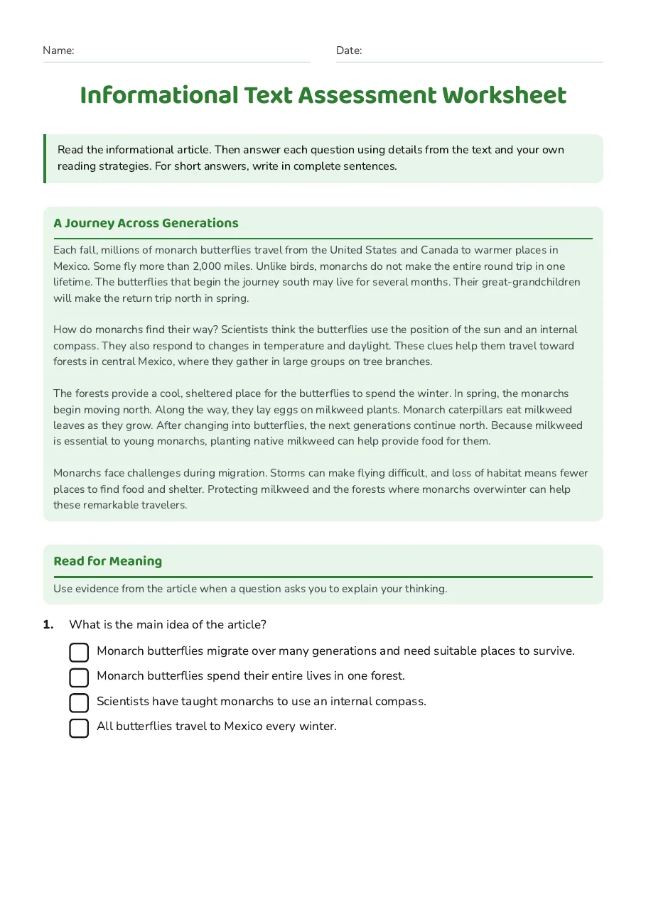 Informational Text Assessment Worksheet, page 1 of 3: A Journey Across Generations, Read for Meaning