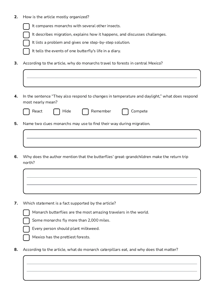 Informational Text Assessment Worksheet, page 2 of 3: 2. How is the article mostly organized?