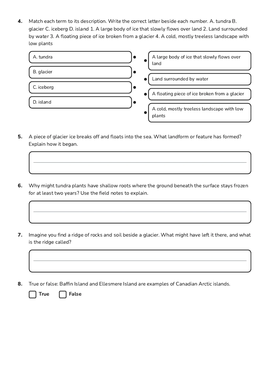 Arctic Landforms Explorer, page 2 of 3: 4. Match each term to its description. Write the correct letter beside each number. A.…