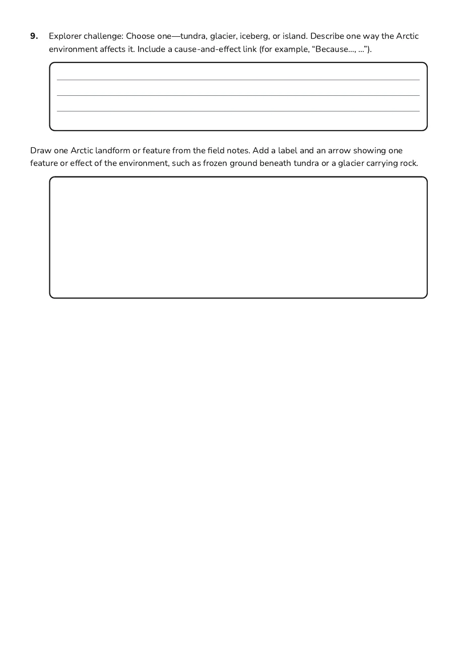 Arctic Landforms Explorer, page 3 of 3: 9. Explorer challenge: Choose one—tundra, glacier, iceberg, or island. Describe one way…