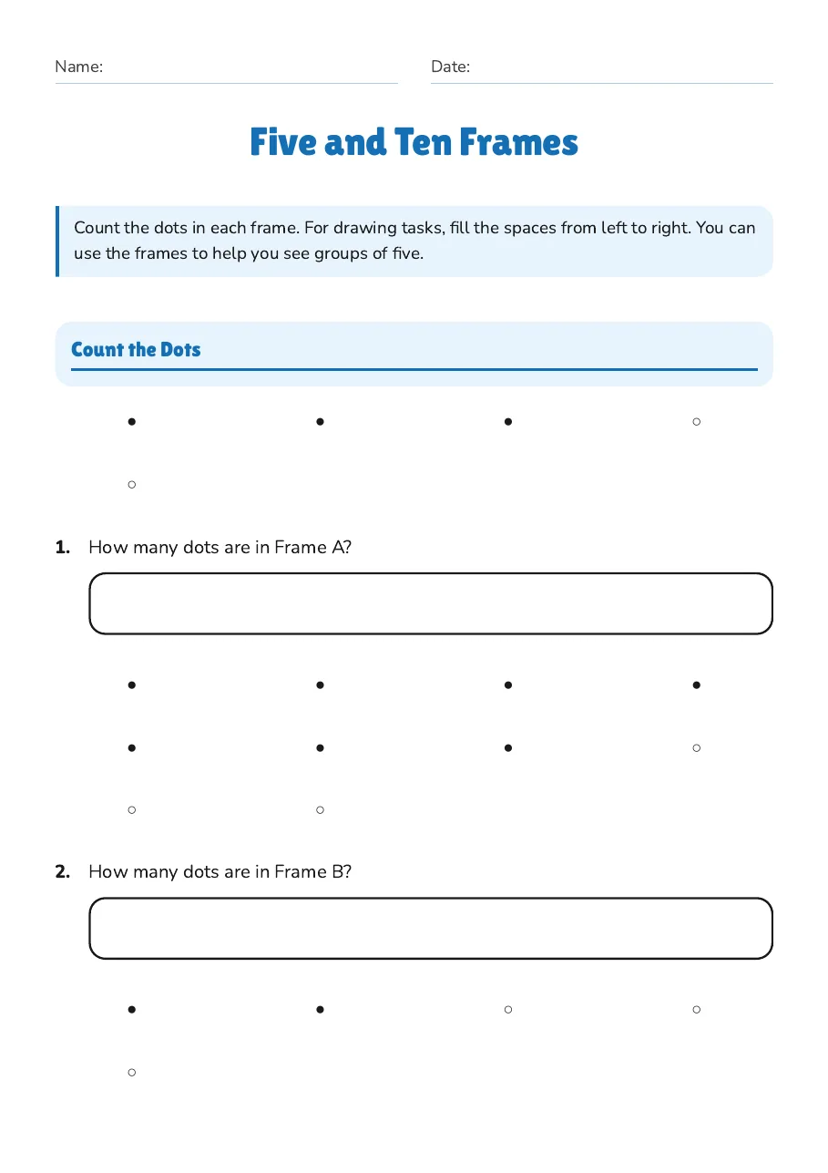 Five and Ten Frames, page 1 of 5: Count the Dots