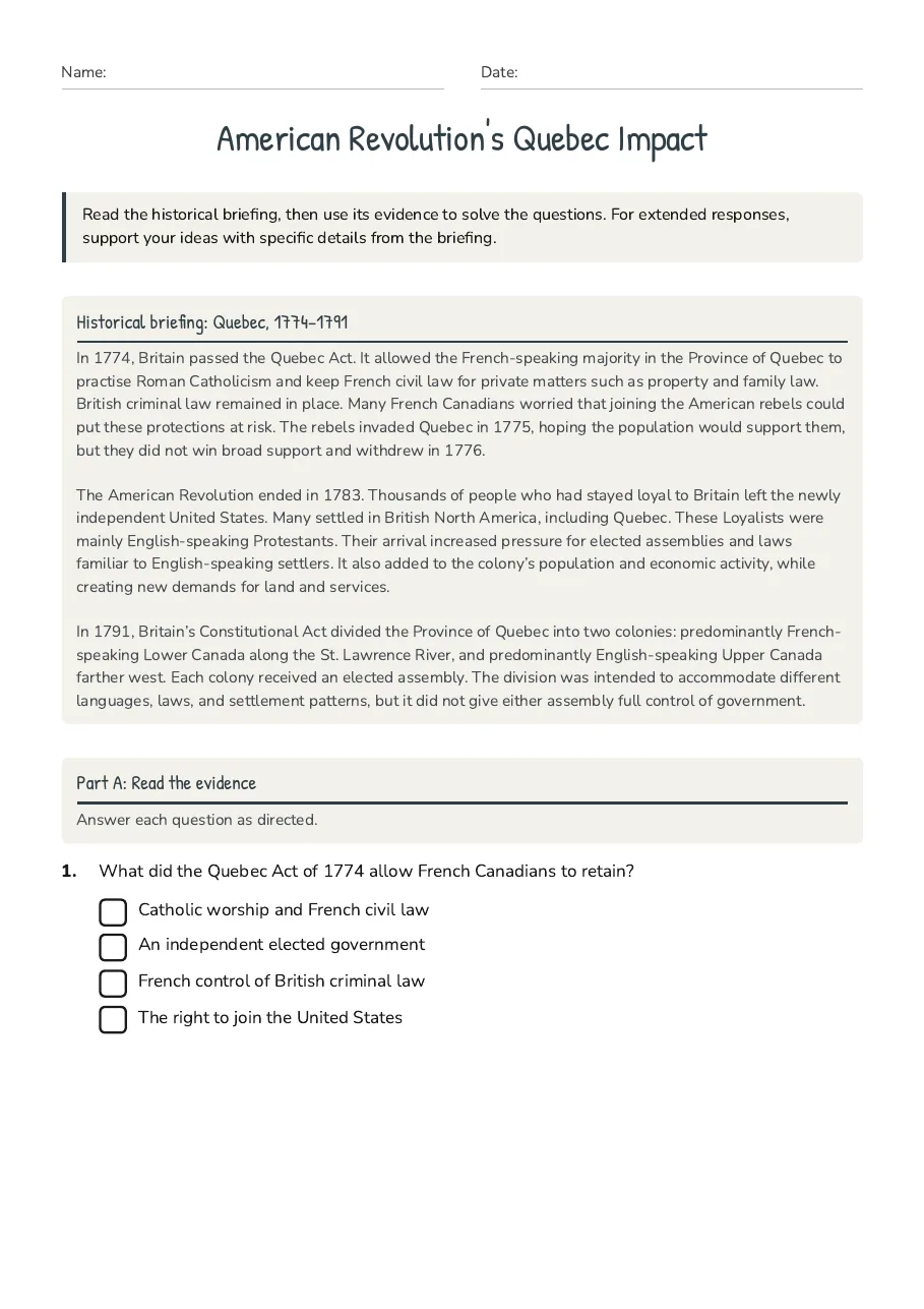 American Revolution's Quebec Impact, page 1 of 3: Historical briefing: Quebec, 1774–1791, Part A: Read the evidence