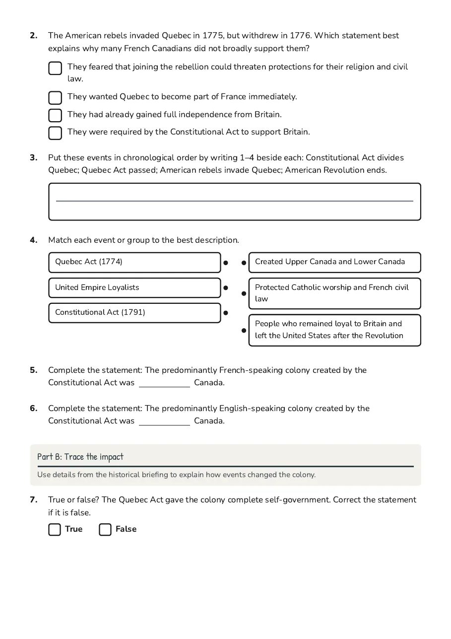 American Revolution's Quebec Impact, page 2 of 3: Part B: Trace the impact
