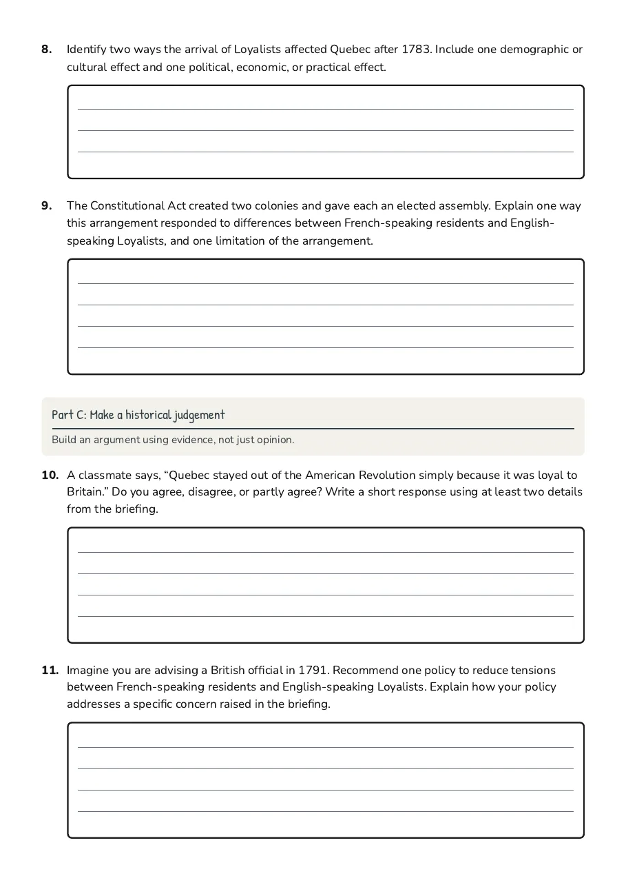 American Revolution's Quebec Impact, page 3 of 3: Part C: Make a historical judgement
