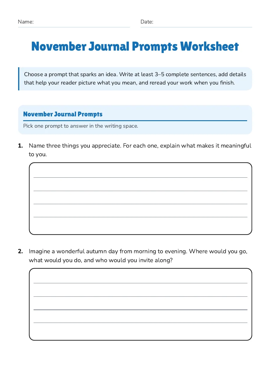 November Journal Prompts Worksheet, page 1 of 3: November Journal Prompts