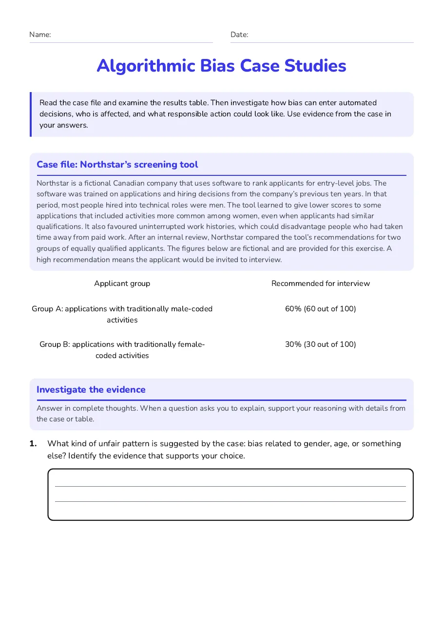 Algorithmic Bias Case Studies, page 1 of 3: Case file: Northstar’s screening tool, Investigate the evidence