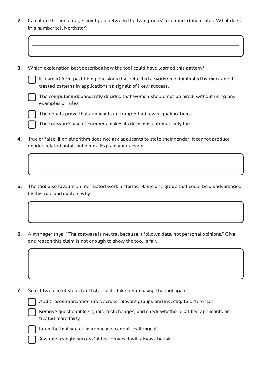 Algorithmic Bias Case Studies, page 2 of 3: 2. Calculate the percentage-point gap between the two groups’ recommendation rates. What…