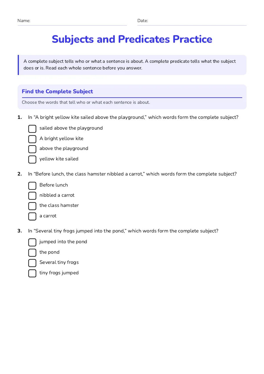 Subjects and Predicates Practice, page 1 of 3: Find the Complete Subject