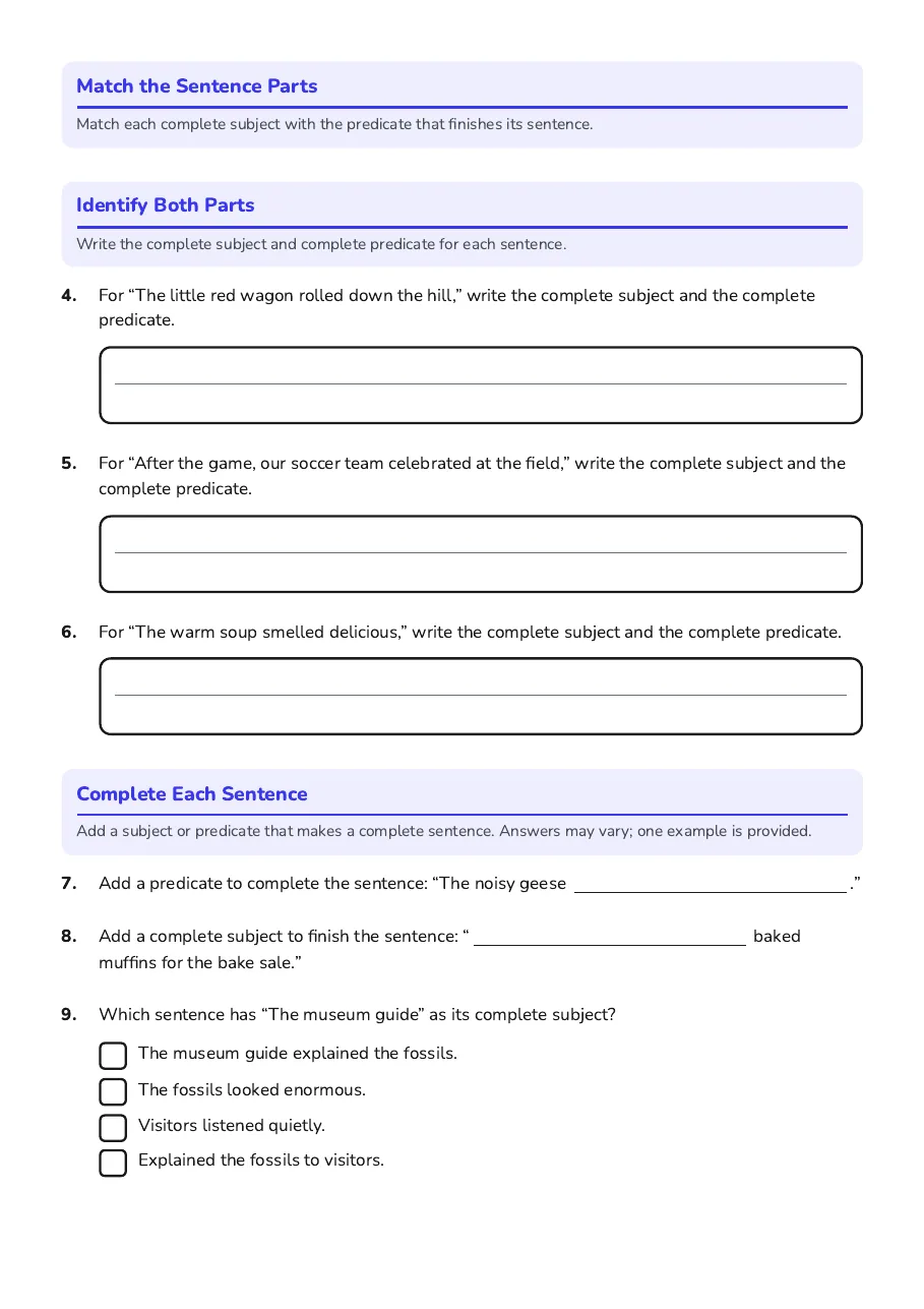 Subjects and Predicates Practice, page 2 of 3: Match the Sentence Parts, Identify Both Parts, Complete Each Sentence