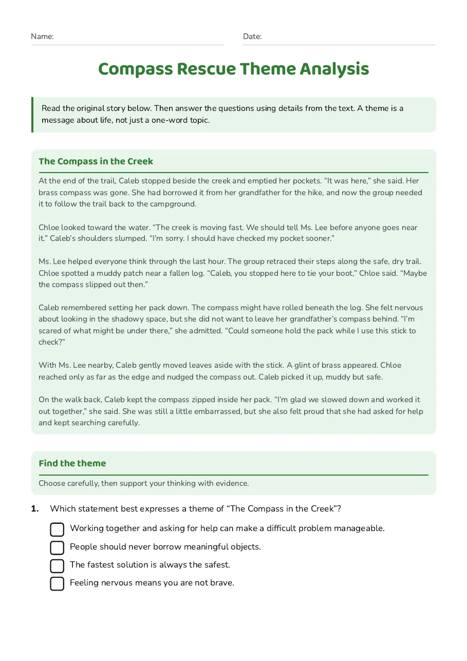 Compass Rescue Theme Analysis, page 1 of 3: The Compass in the Creek, Find the theme