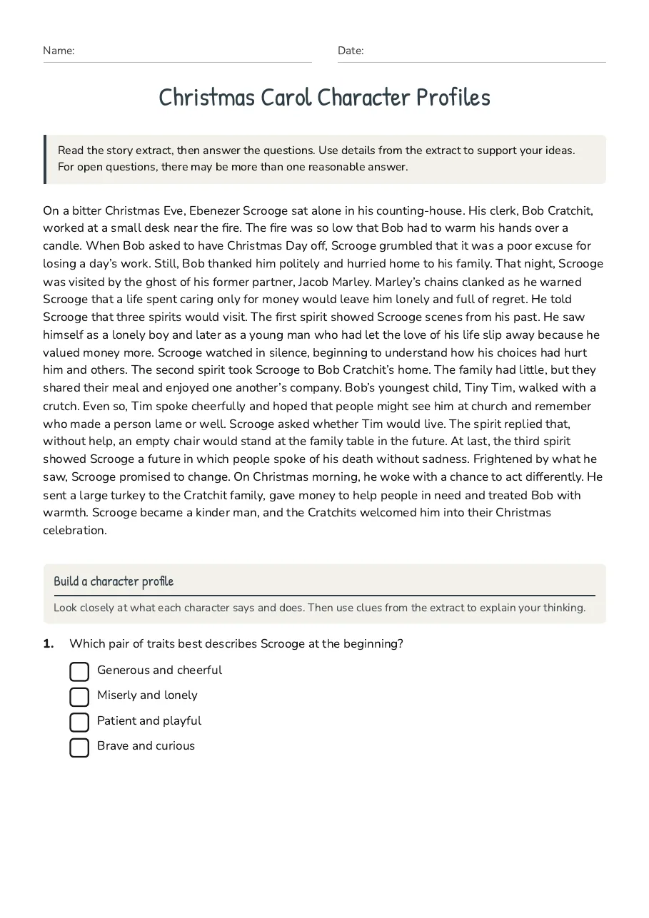 Christmas Carol Character Profiles, page 1 of 3: Build a character profile