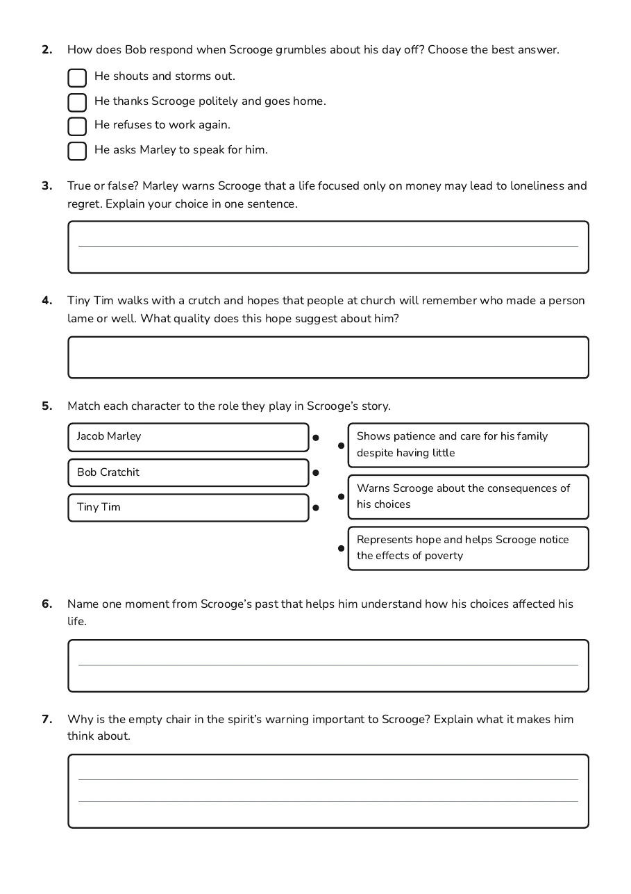 Christmas Carol Character Profiles, page 2 of 3: 2. How does Bob respond when Scrooge grumbles about his day off? Choose the best answer.