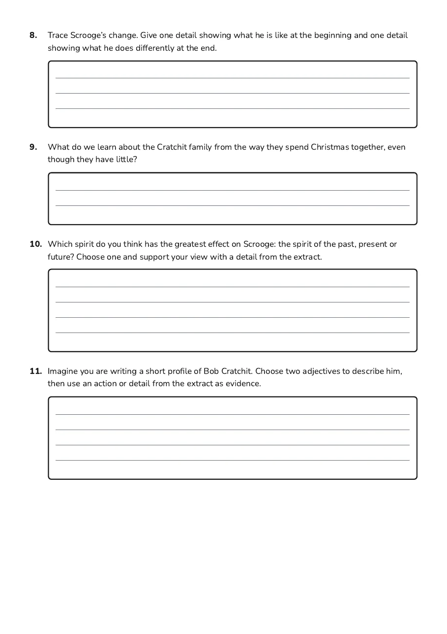 Christmas Carol Character Profiles, page 3 of 3: 8. Trace Scrooge’s change. Give one detail showing what he is like at the beginning and…