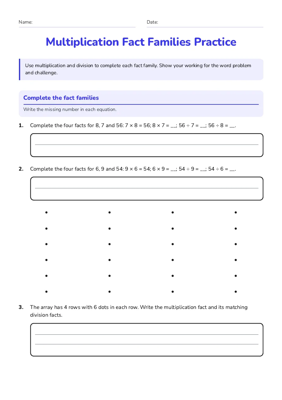 Multiplication Fact Families Practice, page 1 of 2: Complete the fact families