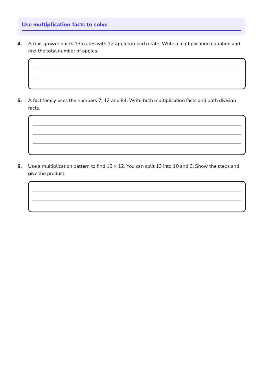 Multiplication Fact Families Practice, page 2 of 2: Use multiplication facts to solve