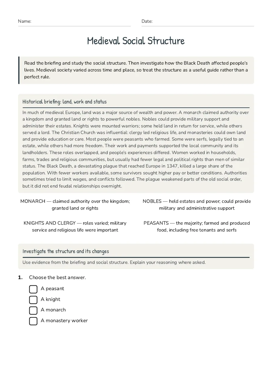 Medieval Social Structure, page 1 of 3: Historical briefing: land, work and status, Investigate the structure and its changes