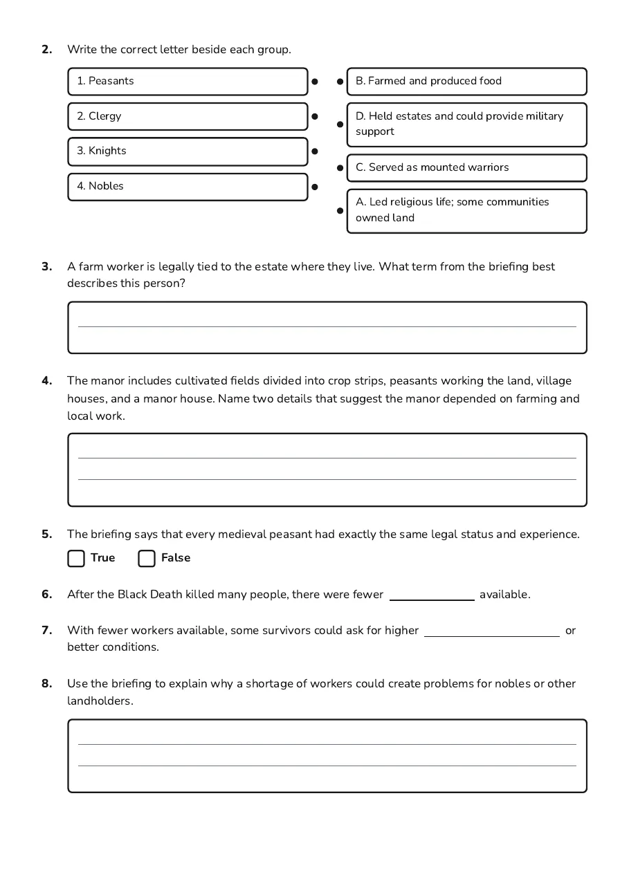 Medieval Social Structure, page 2 of 3: 2. Write the correct letter beside each group.
