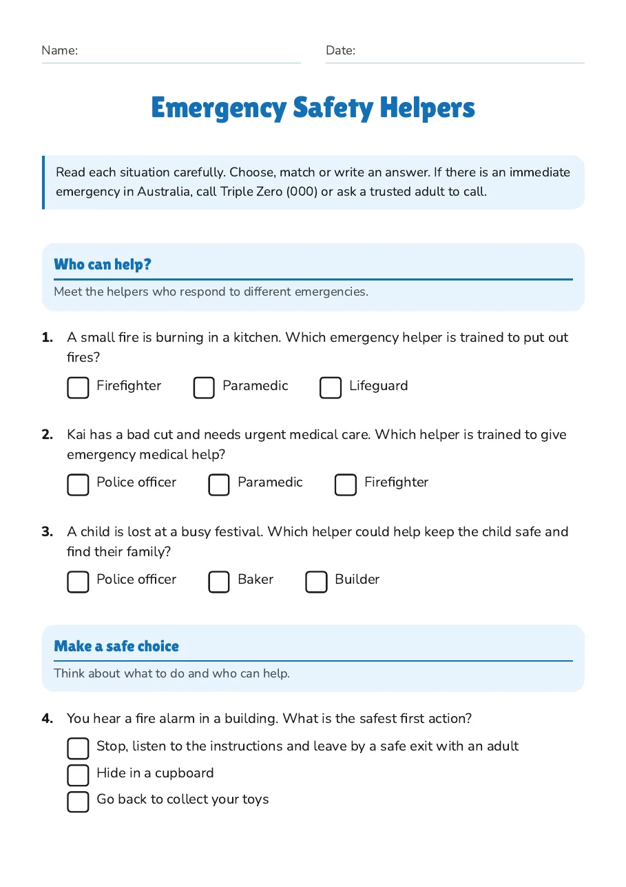 Emergency Safety Helpers, page 1 of 2: Who can help?, Make a safe choice