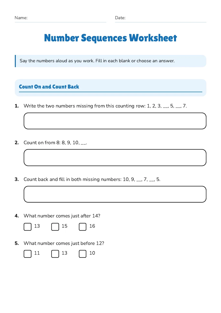 Number Sequences Worksheet, page 1 of 3: Count On and Count Back