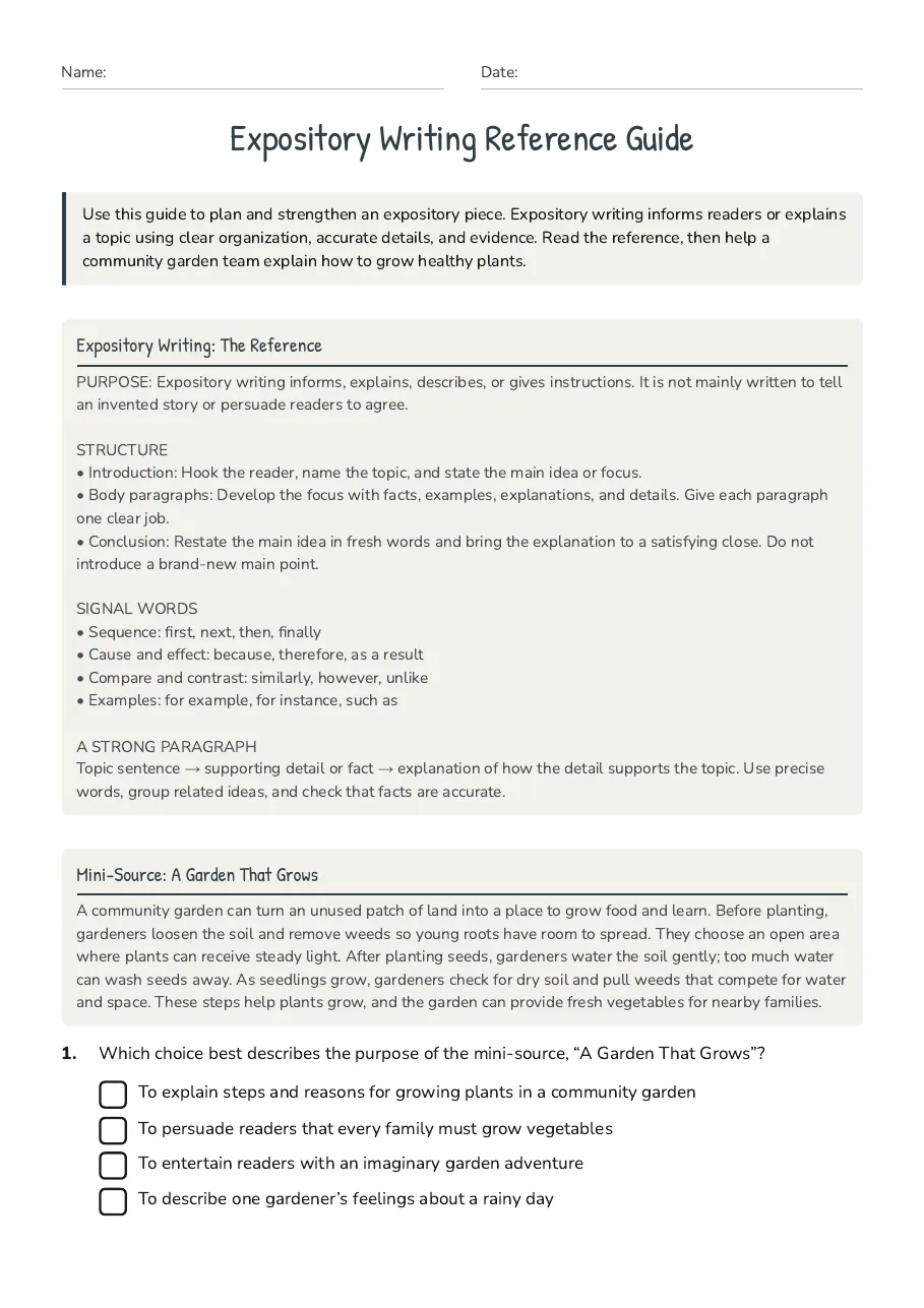 Expository Writing Reference Guide, page 1 of 3: Expository Writing: The Reference, Mini-Source: A Garden That Grows