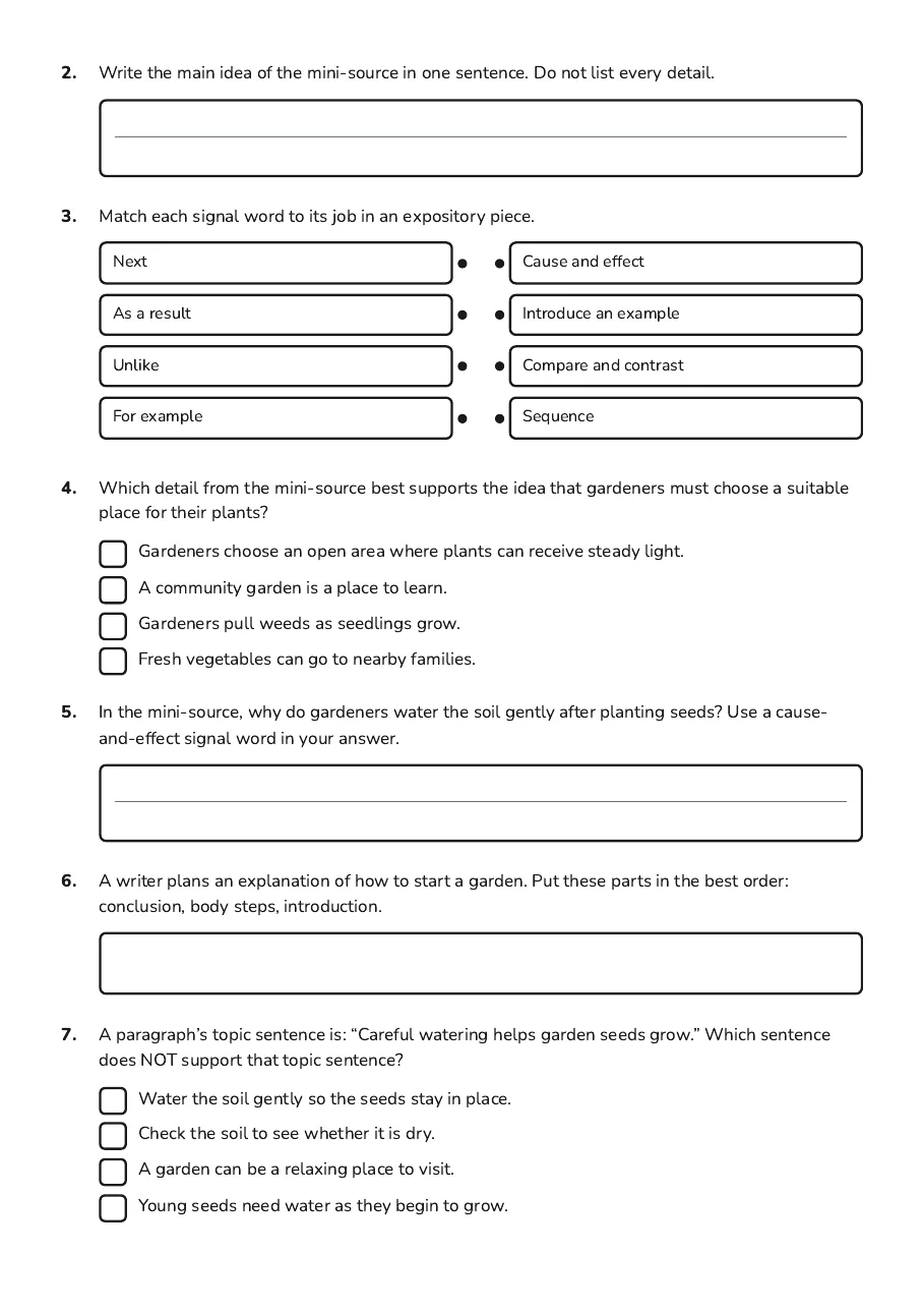 Expository Writing Reference Guide, page 2 of 3: 2. Write the main idea of the mini-source in one sentence. Do not list every detail.