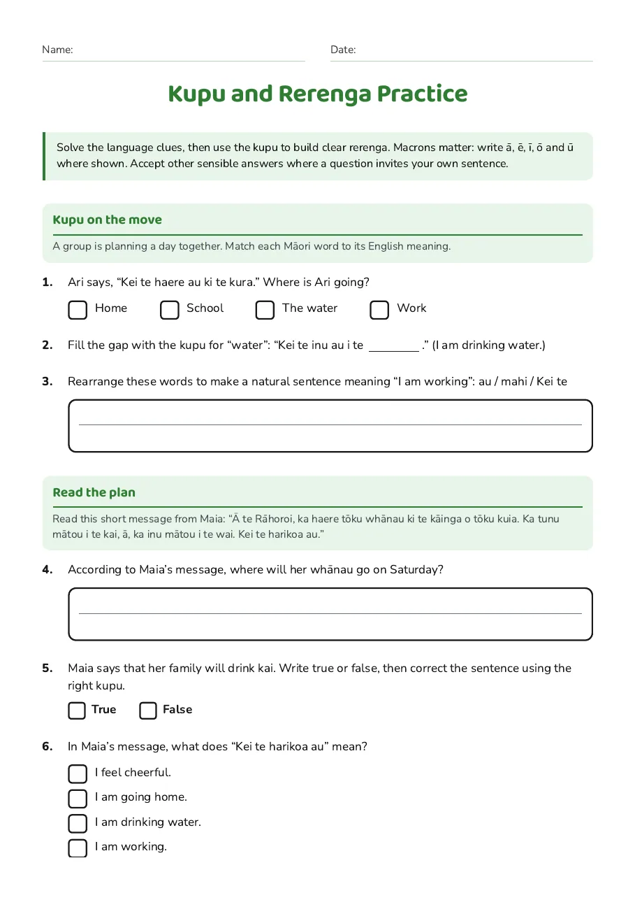 Kupu and Rerenga Practice, page 1 of 2: Kupu on the move, Read the plan