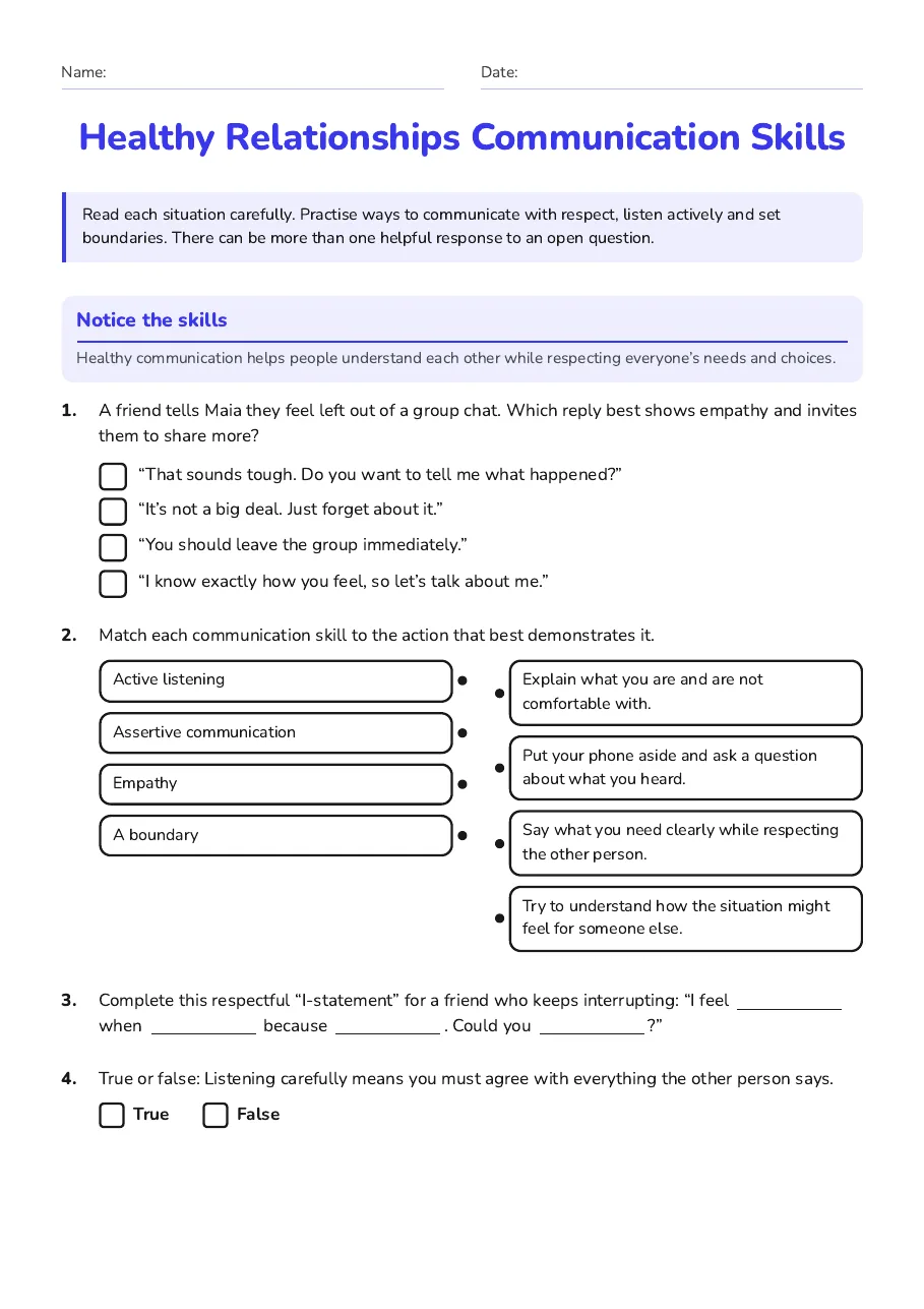 Healthy Relationships Communication Skills, page 1 of 3: Notice the skills
